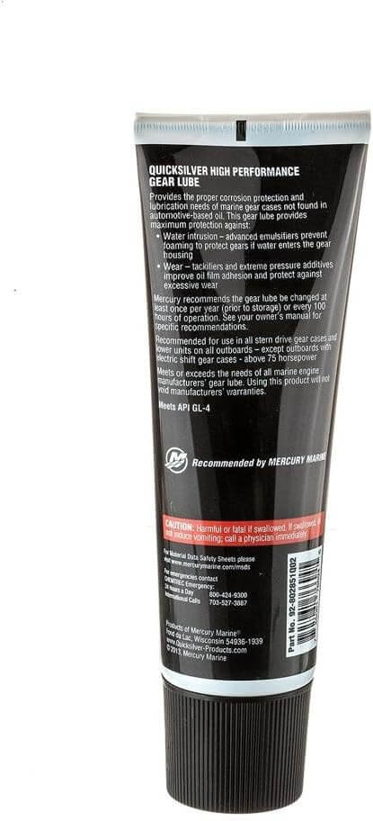 Black tube of Quicksilver gear lube with white text on a white background