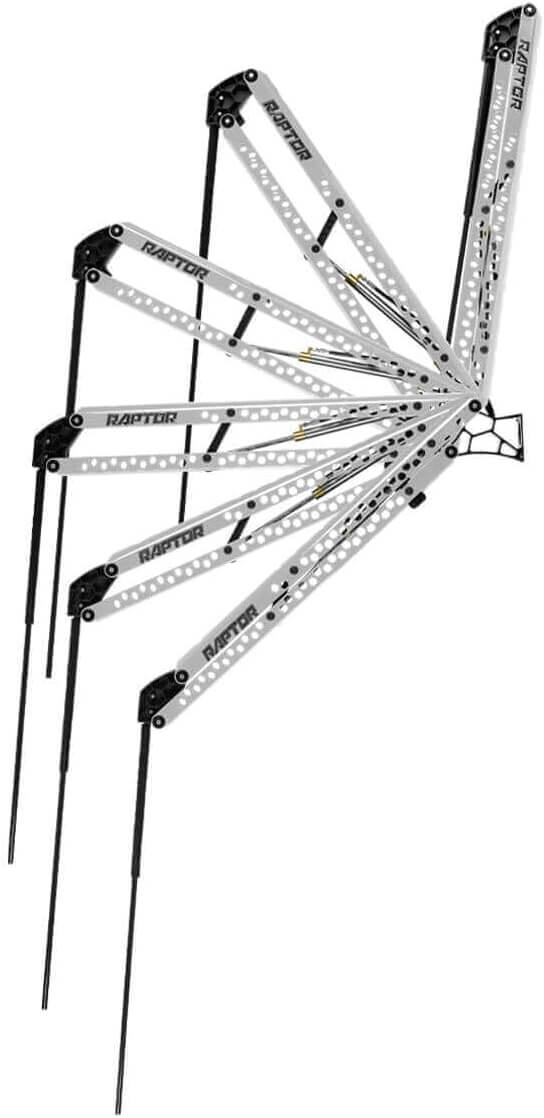 Minn Kota 1810601 Raptor Shallow Water Anchor, 8', Silver shown in multi-position for versatile anchoring.