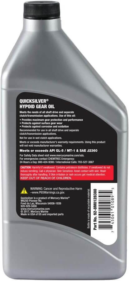Quicksilver 8M0128380 80W-90 Motorcycle Hypoid Gear Oil, 1 Quart bottle with informative label.