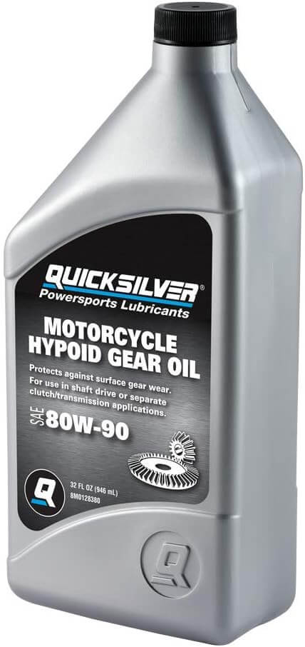 Quicksilver 8M0128380 80W-90 Motorcycle Hypoid Gear Oil, 1 Quart bottle for motorcycle maintenance and gear protection.