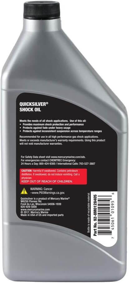 Quicksilver 8M0128405 5W Motorcycle Shock Oil, 1 Quart bottle with safety labels and warnings.