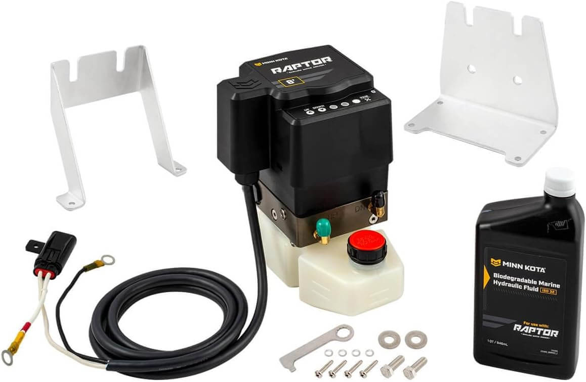 Minn Kota 1810600 Raptor Shallow Water Anchor, 8', Black components including hydraulic unit, fluid, and installation parts.