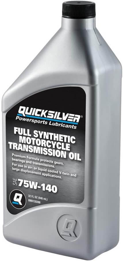 Quicksilver 8M0128390 75W-140 Motorcycle Transmission Oil, 1 Quart in a sleek silver bottle.