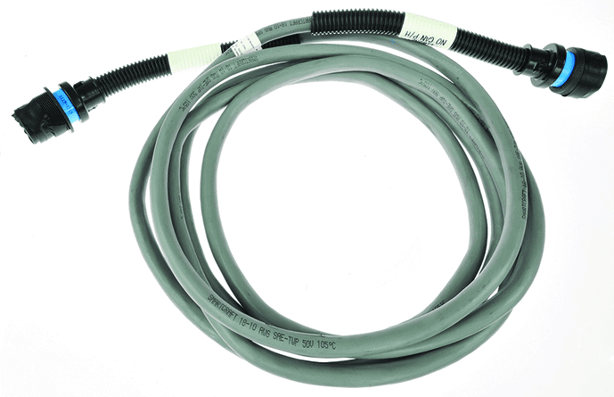 Coiled wire with black connectors on a white background