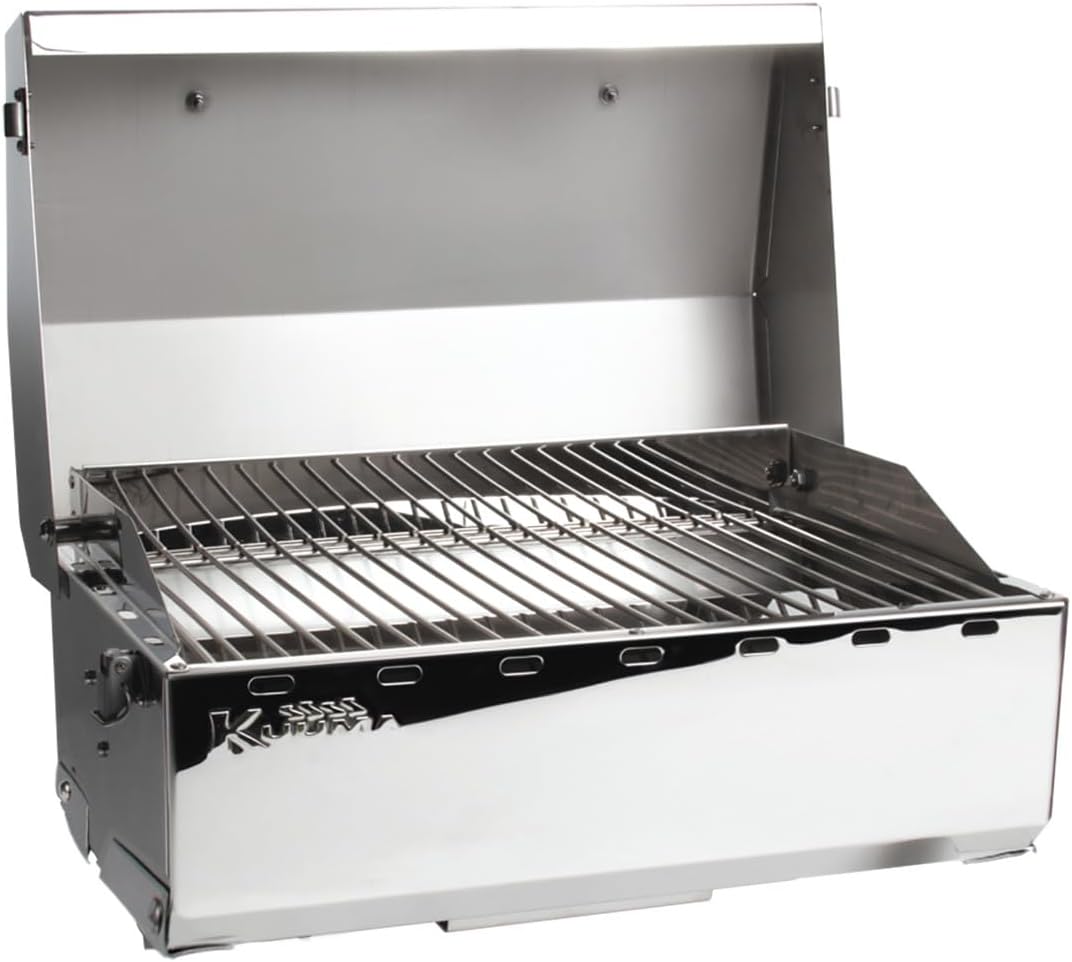Kuuma Stow N' Go 125 stainless steel portable gas grill open showing the cooking grate, 58146