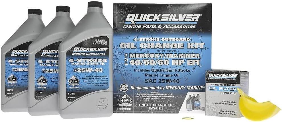 An oil change kit for Mercury outboard engines including bottles of Quicksilver oil, an oil filter, a drain plug seal, and a plastic drip tray.