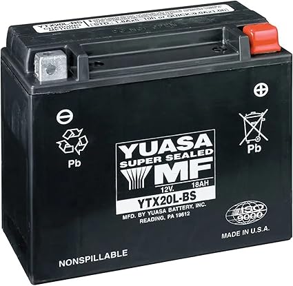 Yuasa 12V 18Ah motorcycle battery, black with red and white details, labeled as non-spillable and sealed.