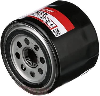 Black oil filter with a red and white label on a white background