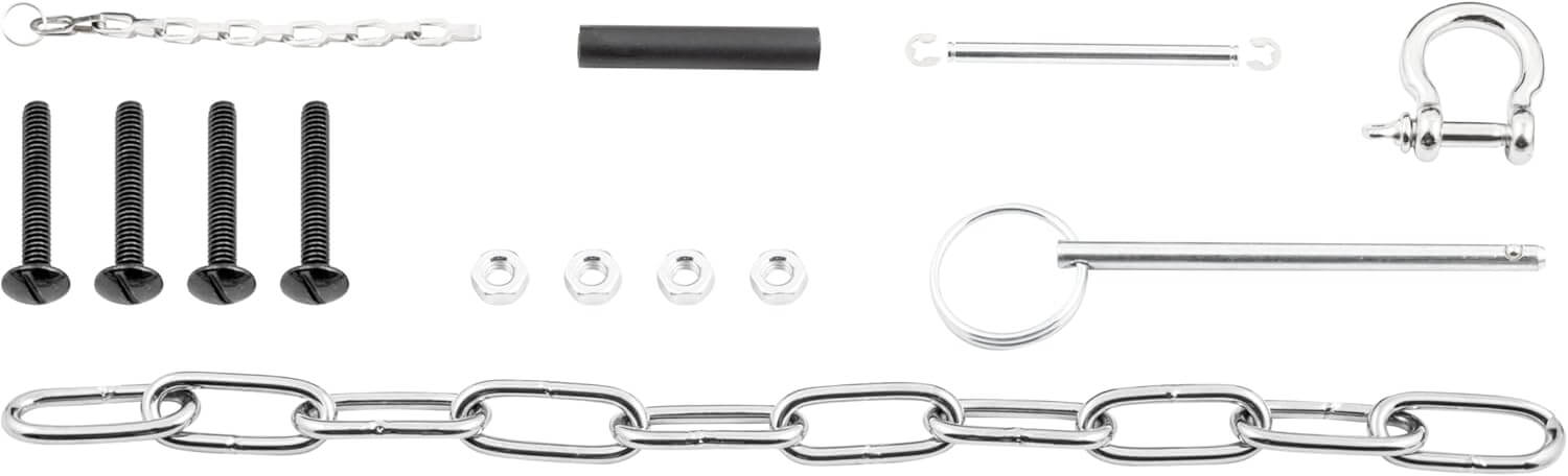 Minn Kota 1810125 Deckhand Electric Anchor Winch, 25 LBS Capacity accessory hardware kit with various fasteners and chains.