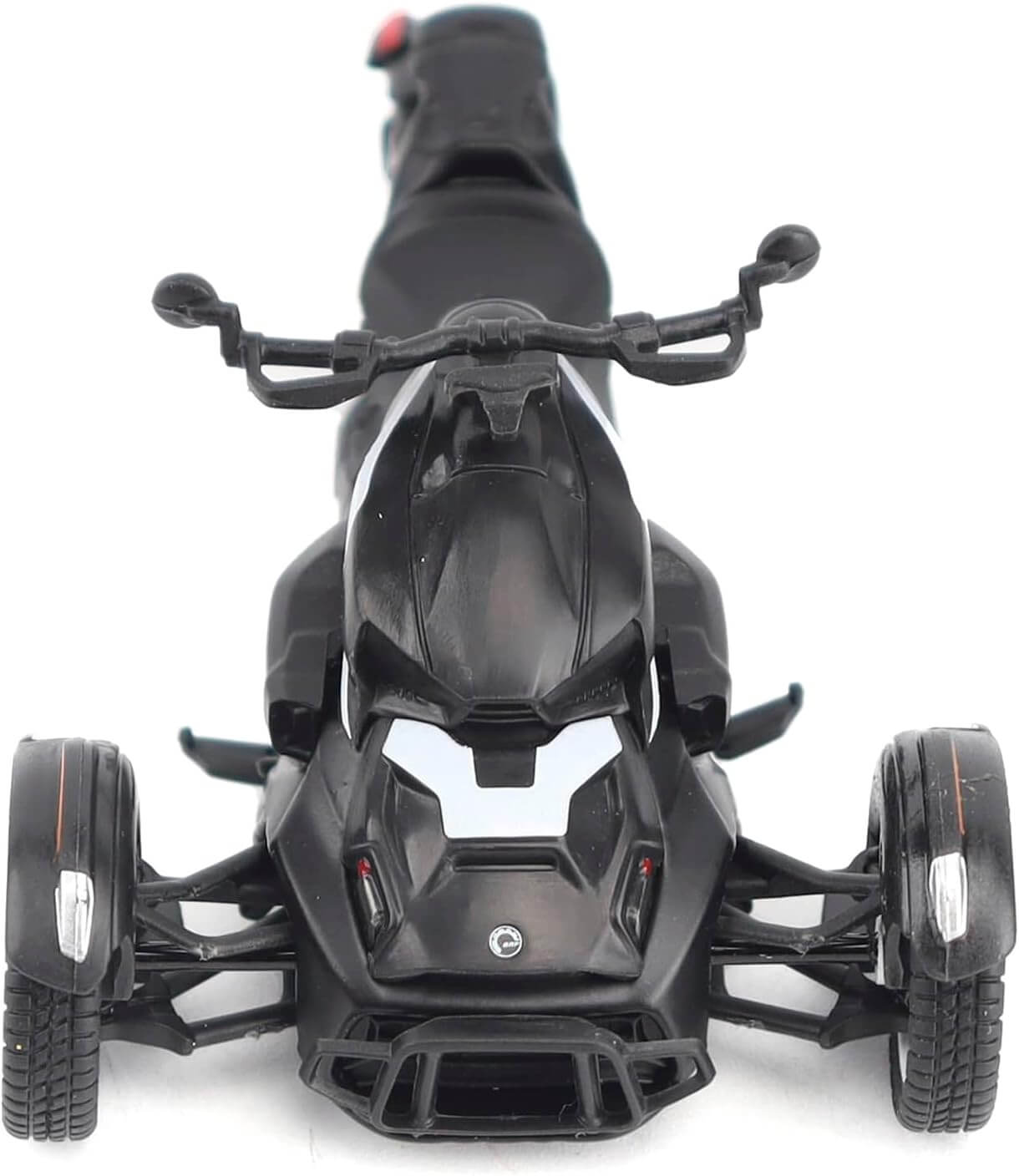 Black three-wheeled vehicle with handlebars on a white background