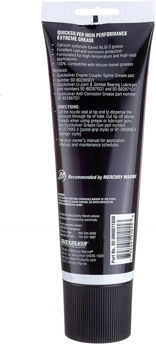 Quicksilver High Performance Multi-Purpose Extreme NLGI 2 Marine Grease tube rear view