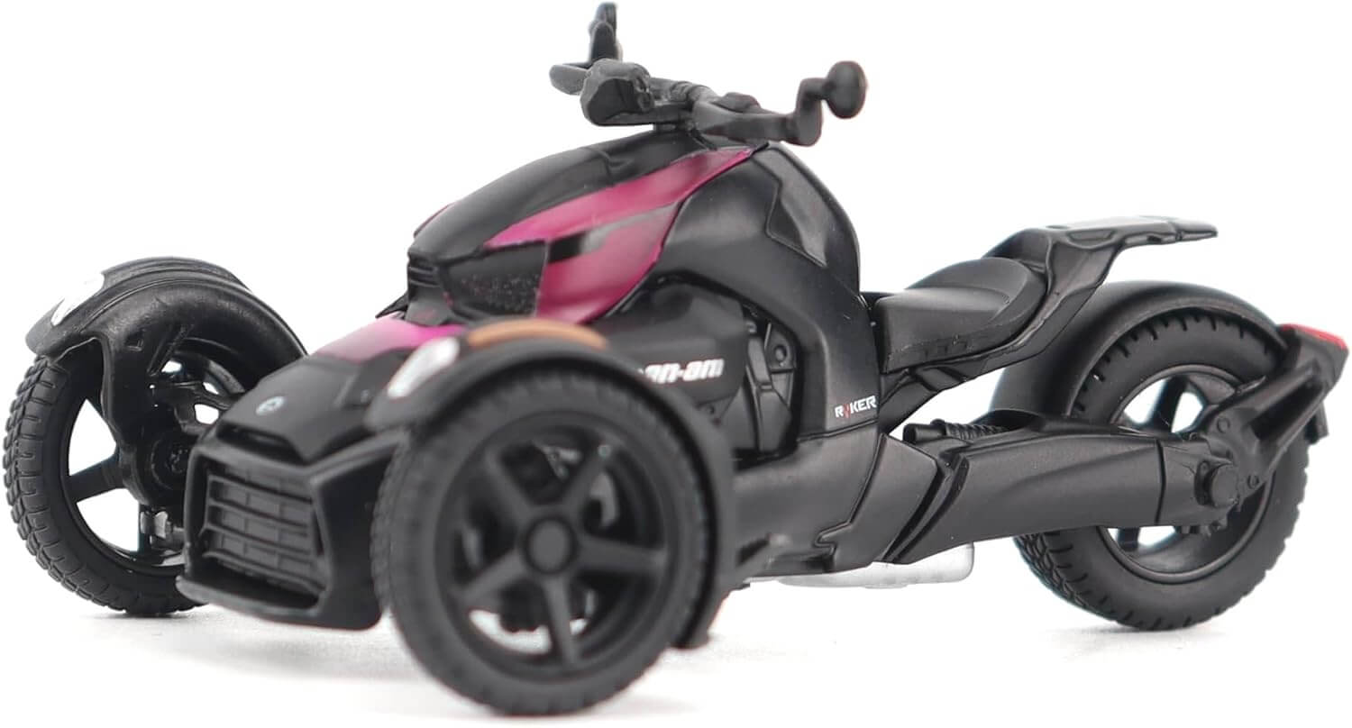 Model of a three-wheeled vehicle with black and pink design on a white background