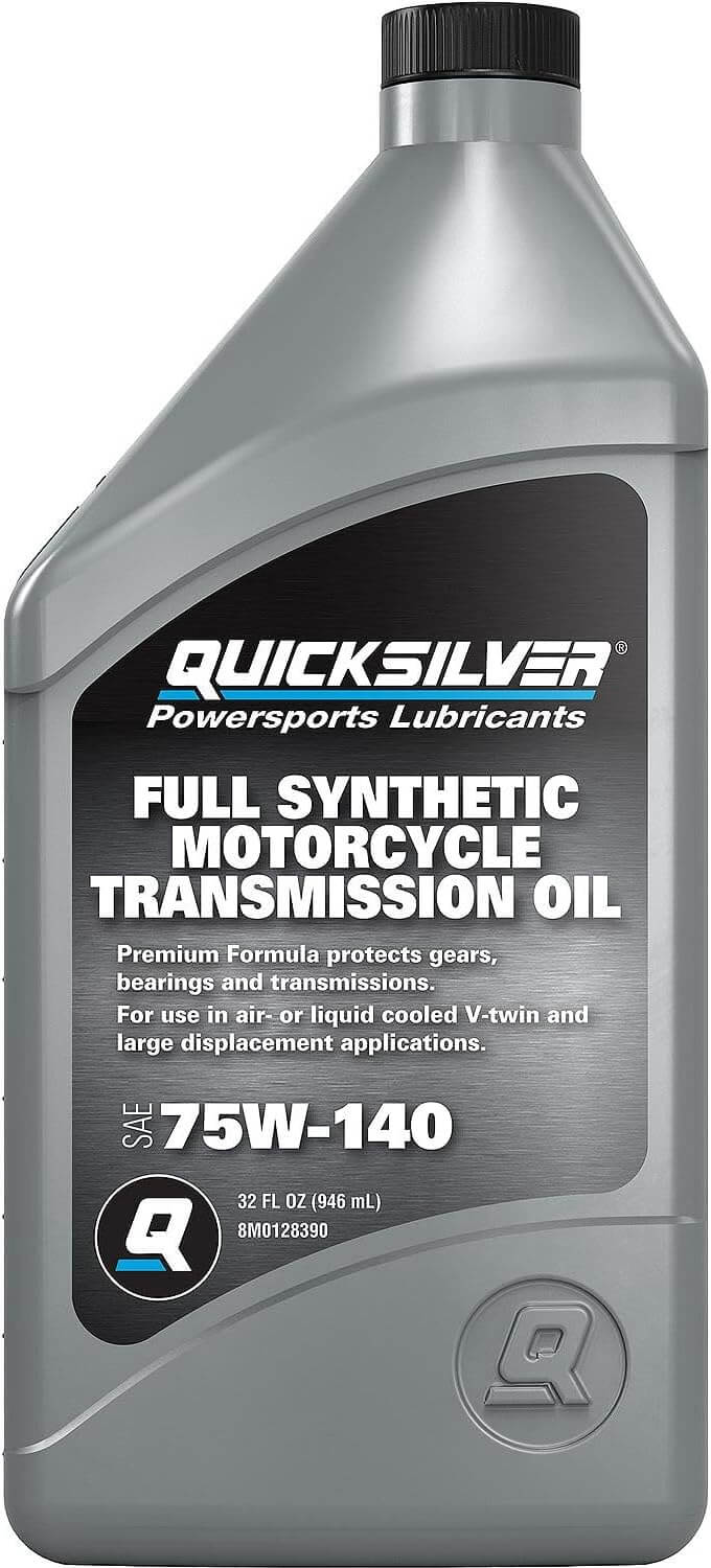 Quicksilver 8M0128390 75W-140 Motorcycle Transmission Oil, 1 Quart bottle on display.