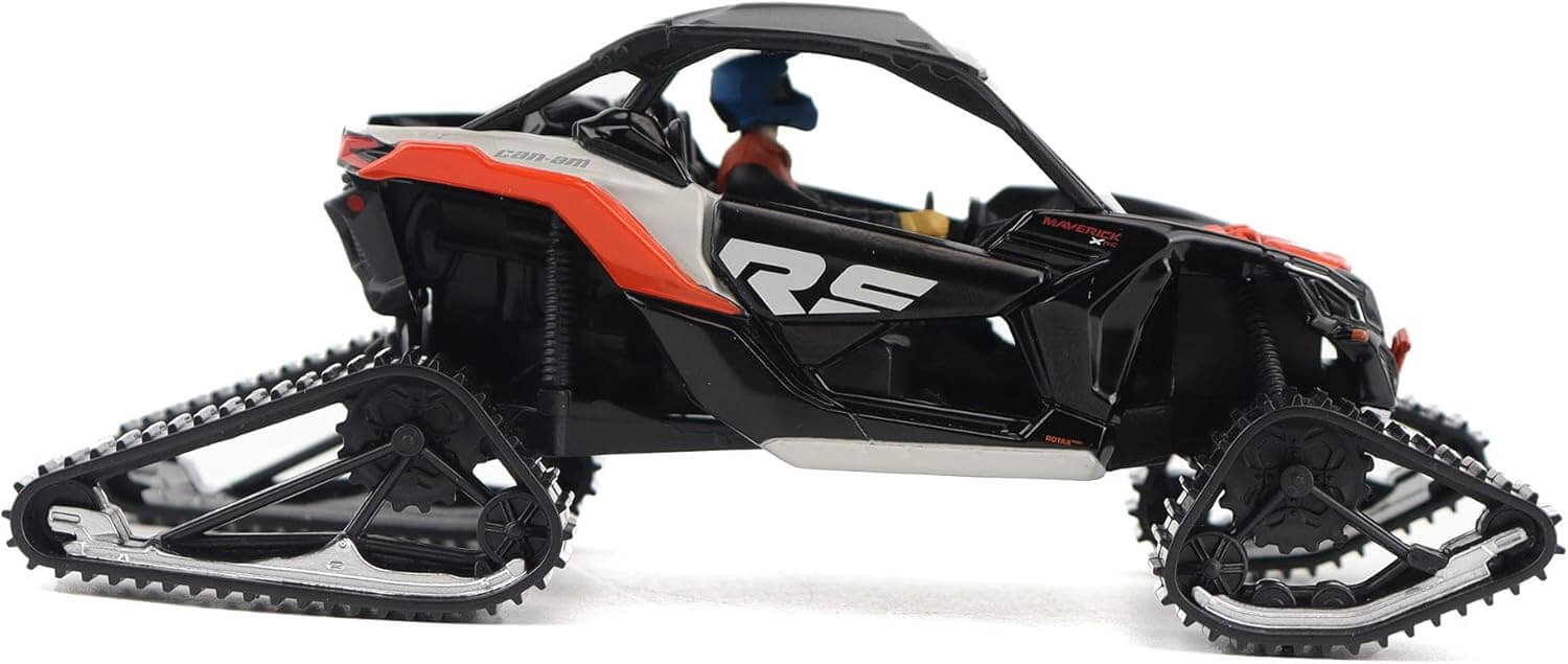 Model of an offroad vehicle with tracks with 'RE' branding on a white background