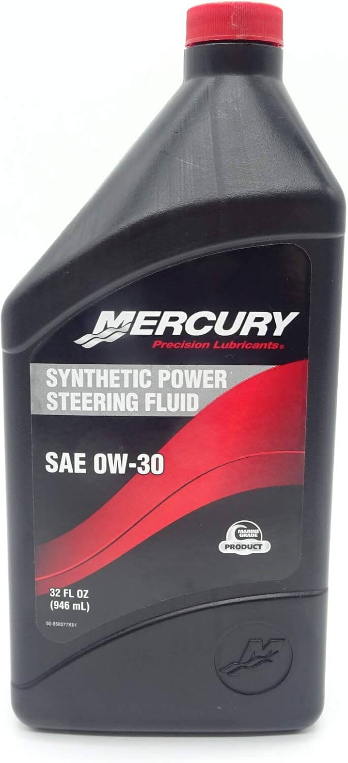 Bottle of Mercury synthetic power steering fluid on a white background