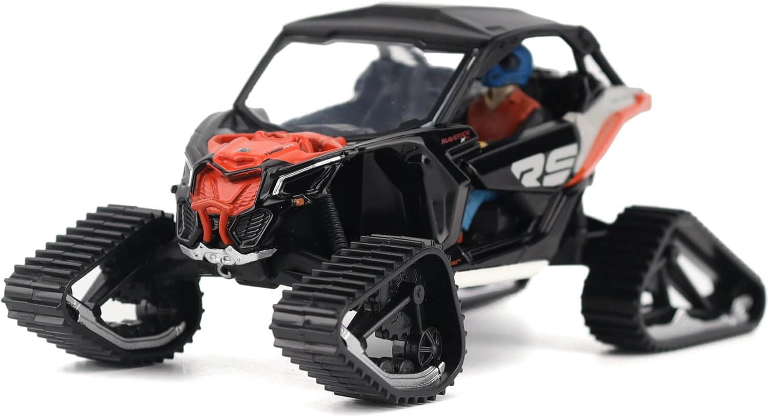 Toy off-road vehicle with tracks on a white background