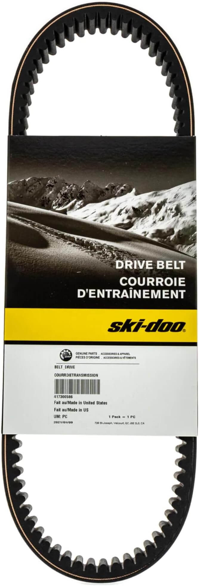 Ski-Doo drive belt with packaging on a black background