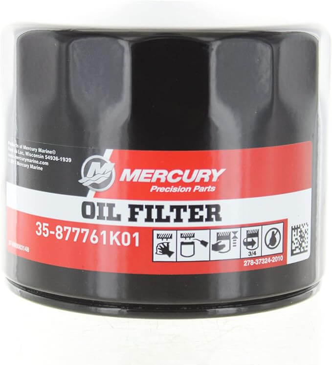 Mercury oil filter with red and white label on a white background