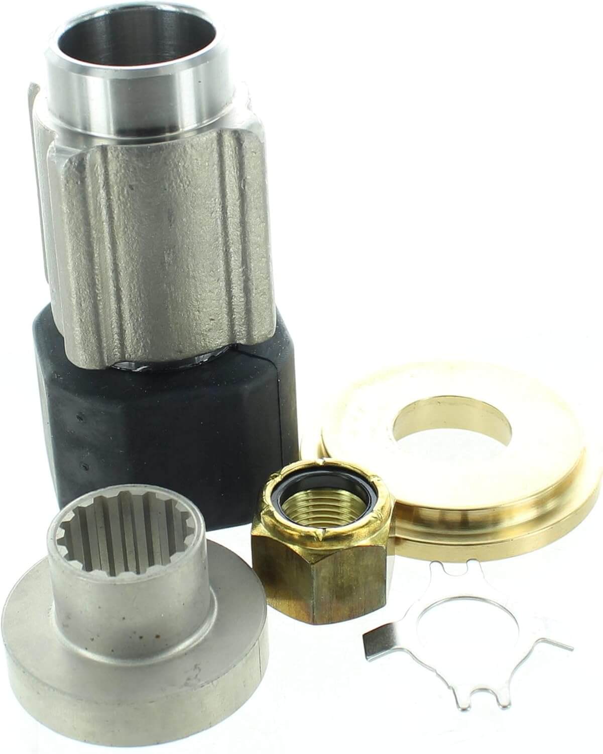 Mechanical components including a black cylindrical part, brass fitting, and metal gears on a white background.