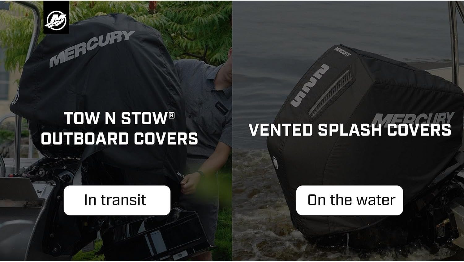 Mercury 8M0228514 L6 225HP Verado Outboard Vented Splash Cover Black on a boat, showcasing protection while in transit and on the water.