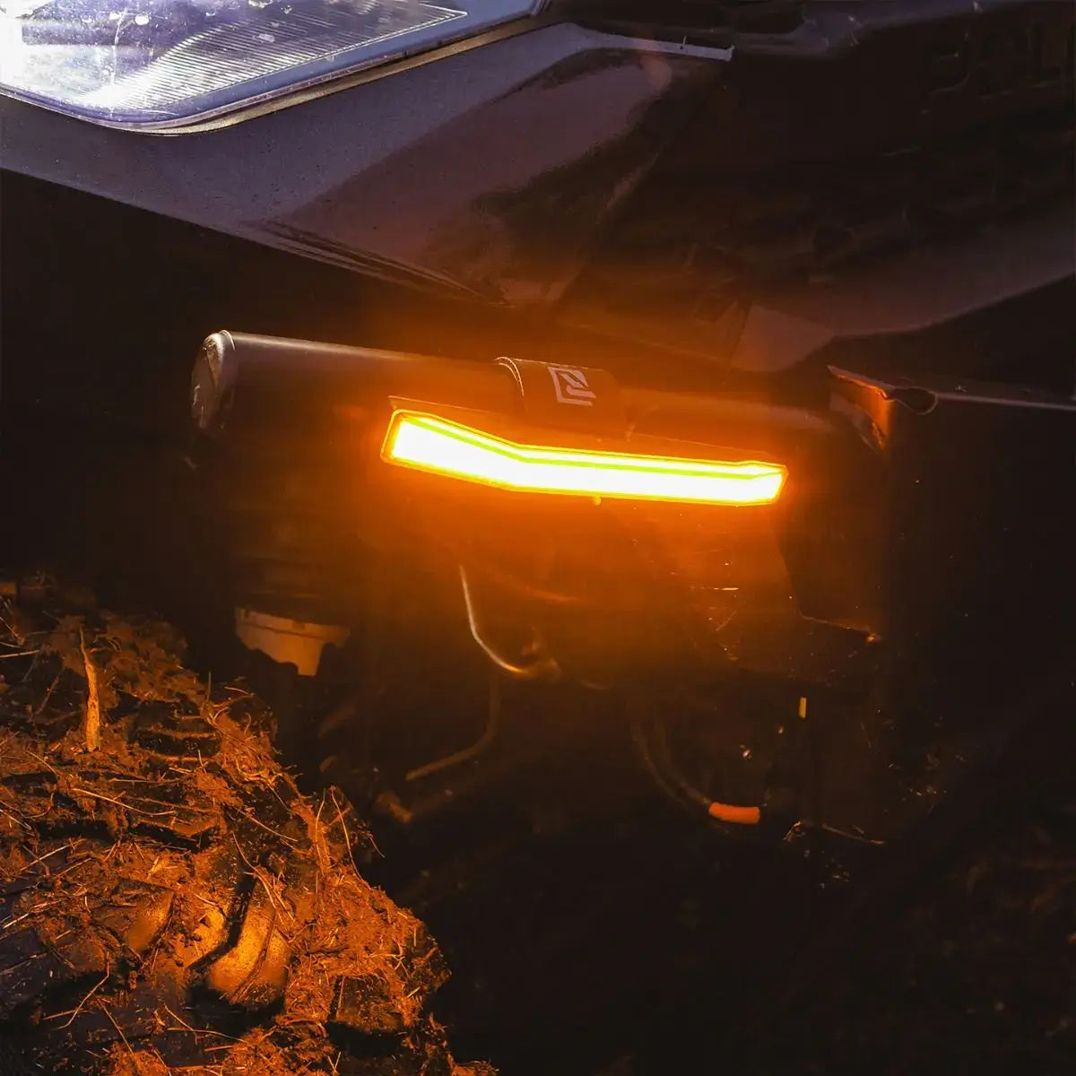 Close-up of a vehicle's headlight in a dark forest setting