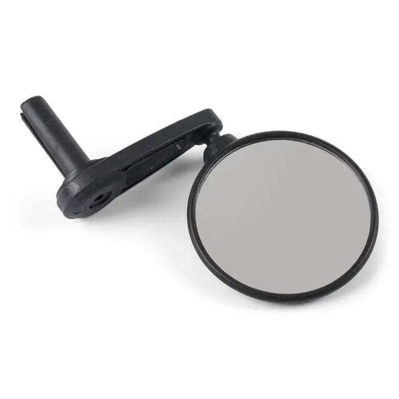 Round mirror with black holder on a white background