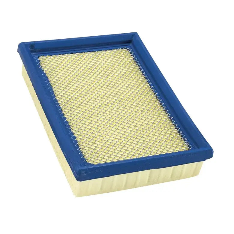 Rectangular air filter with blue frame and yellow pleated material on a white background