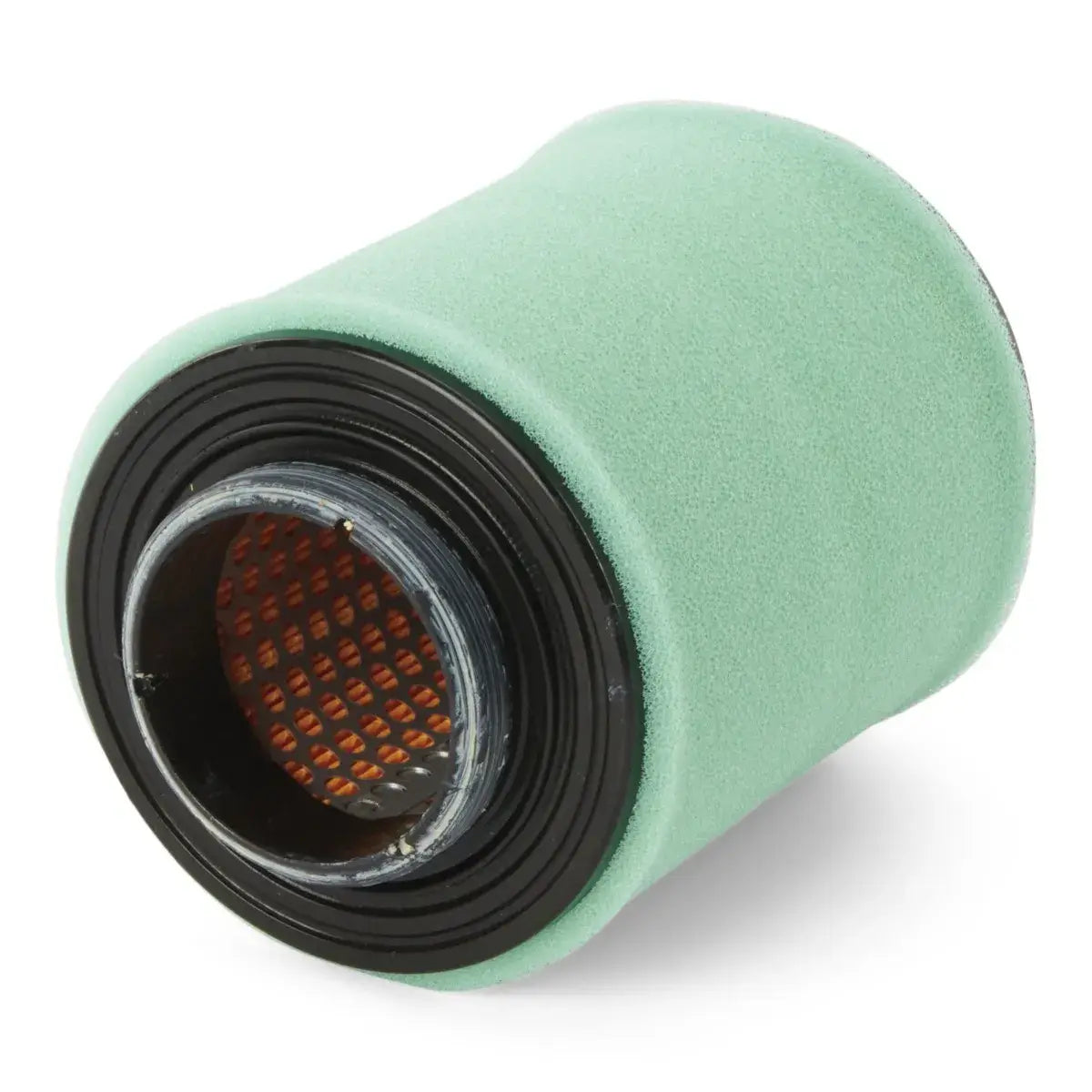 Green air filter with black and orange interior on a white background