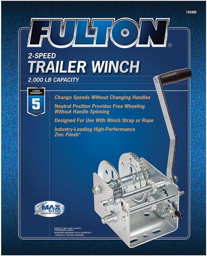 Fulton Two Speed 2,000 LBS Marine Trailer Winch No Strap, 10 Inch Handle, Silver, 142400