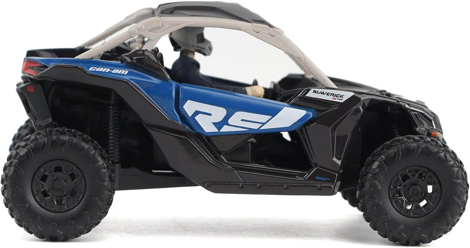 Side view of a blue and black Can-Am Maverick X3 side-by-side vehicle on a white background