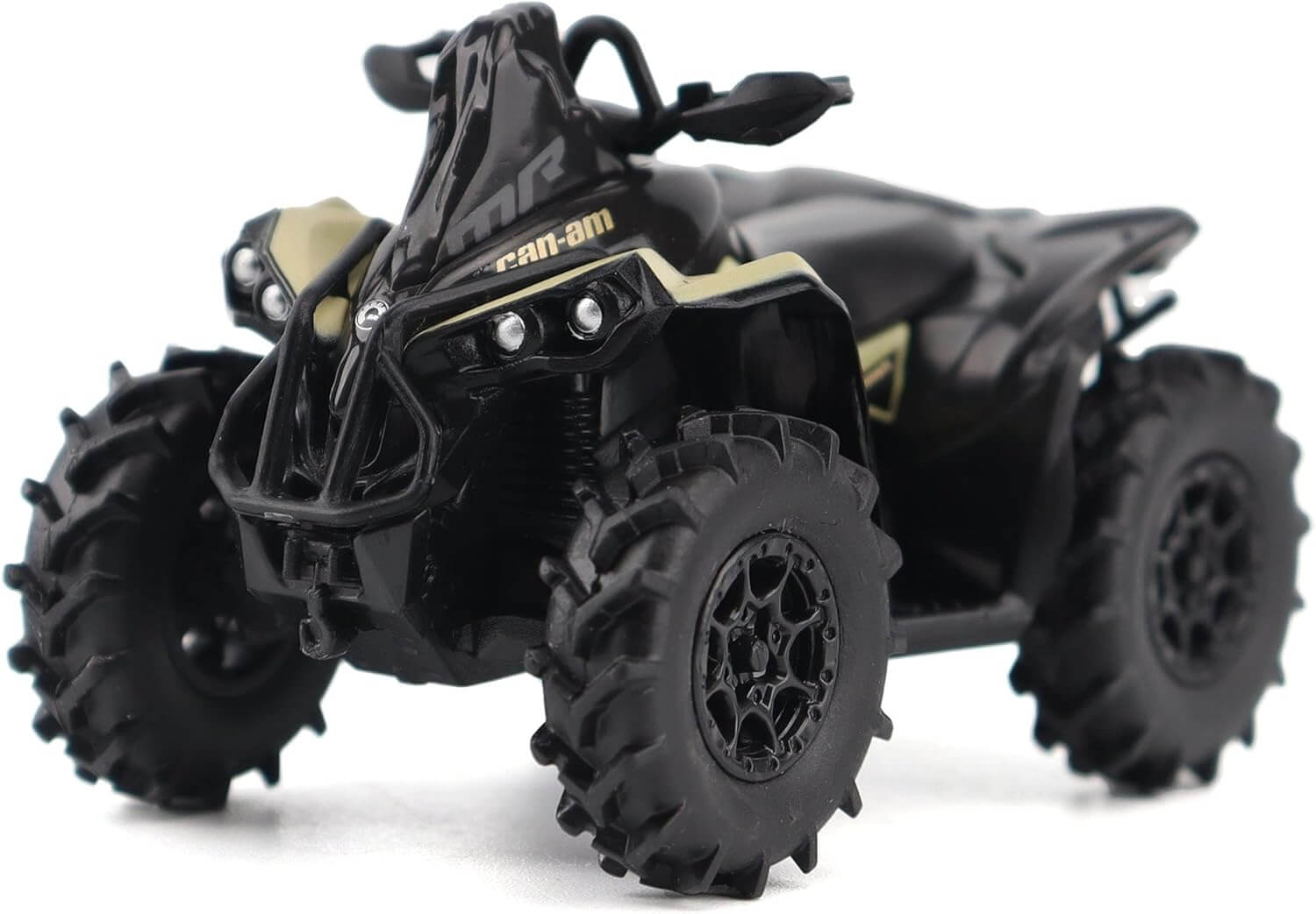 Black toy ATV with large wheels on a white background