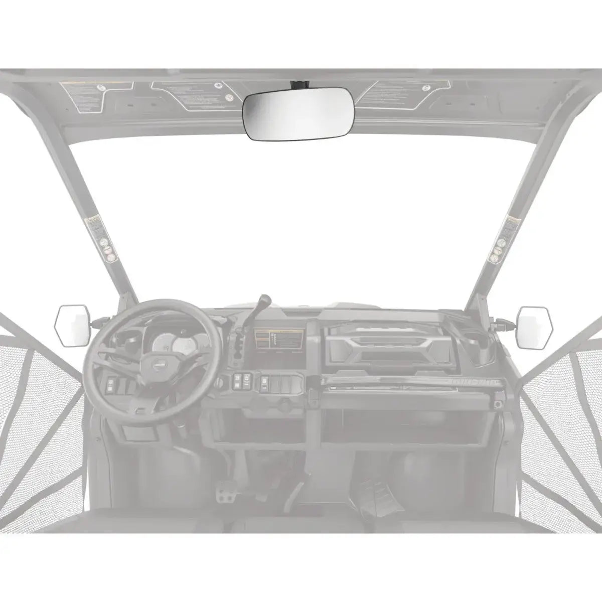 Interior of a vehicle with steering wheel and dashboard on a white background with focus on rear view mirror