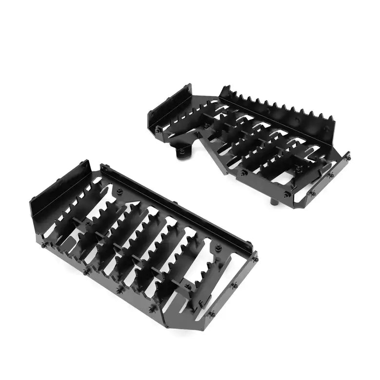 Two black metal grates on a white background