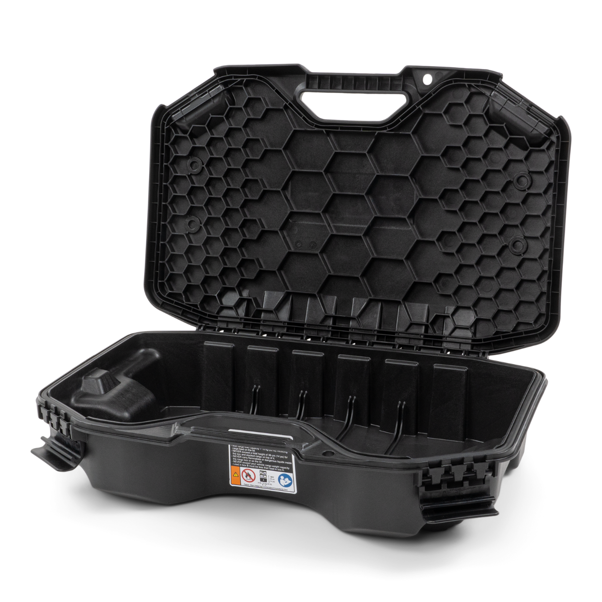 Can-Am LinQ 2.6 US Gal modular cargo box open showing honeycomb lid and storage compartment