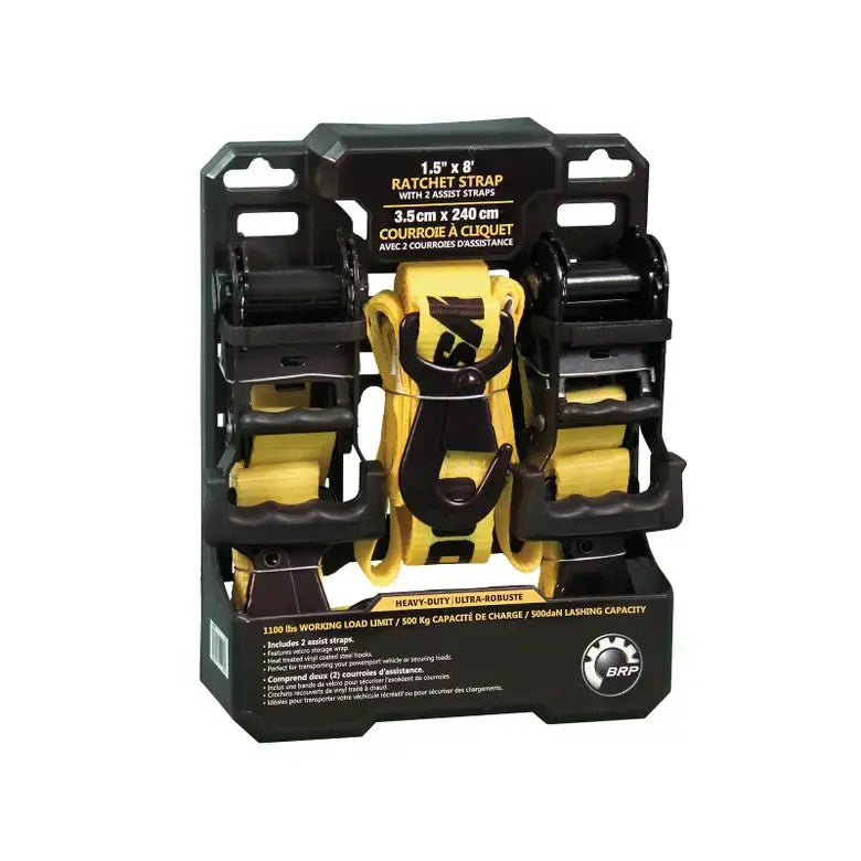 Yellow ratchet strap with black packaging on a white background