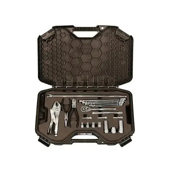 Tool kit with various tools in an open black case on a white background