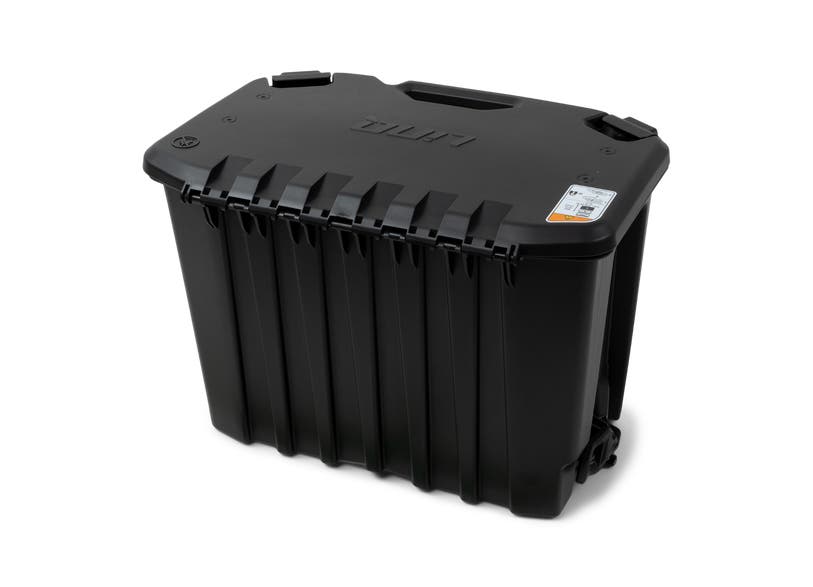 Black Can-Am LinQ 30L modular cargo box with ribbed sides, front angle view