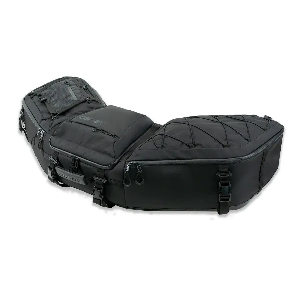 Black travel bag with multiple compartments on a white background