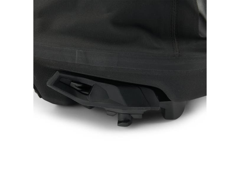 Close-up black LinQ 10.6 US Gal roll-top bag mounting bracket detail Ski-Doo Can-Am accessory