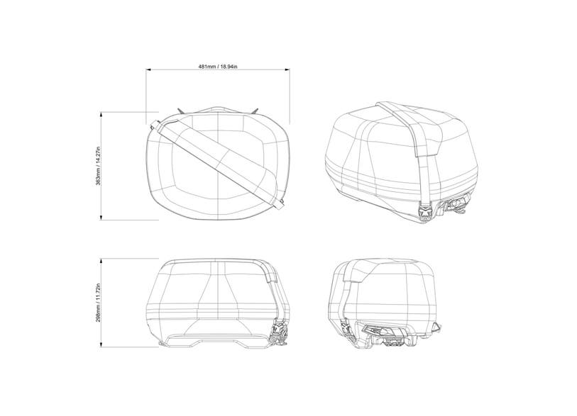 Technical line drawing BRP LinQ 40L roll-top bag dimensions and multi-angle views