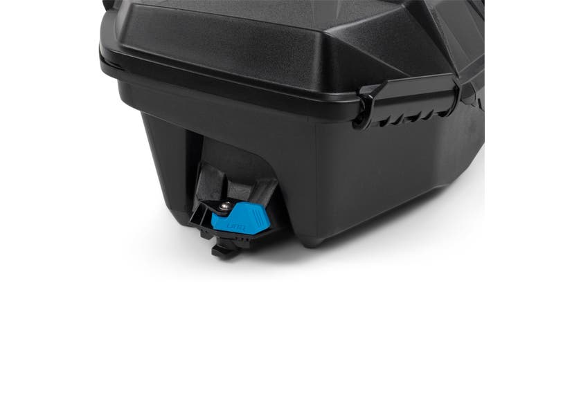 Ski-Doo Can-Am LinQ 19L tool box in black close-up of blue quick-release latch