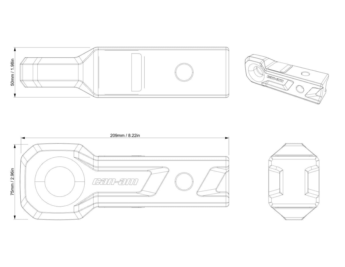 Can-Am 2 in. Soft Shackle Hitch Receiver dimensions drawing, 715010784