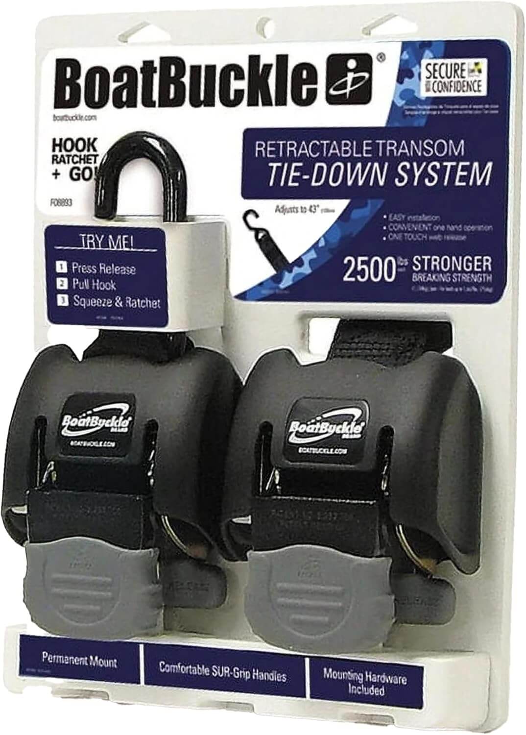 BoatBuckle retractable transom tie-down system packaging on a white background