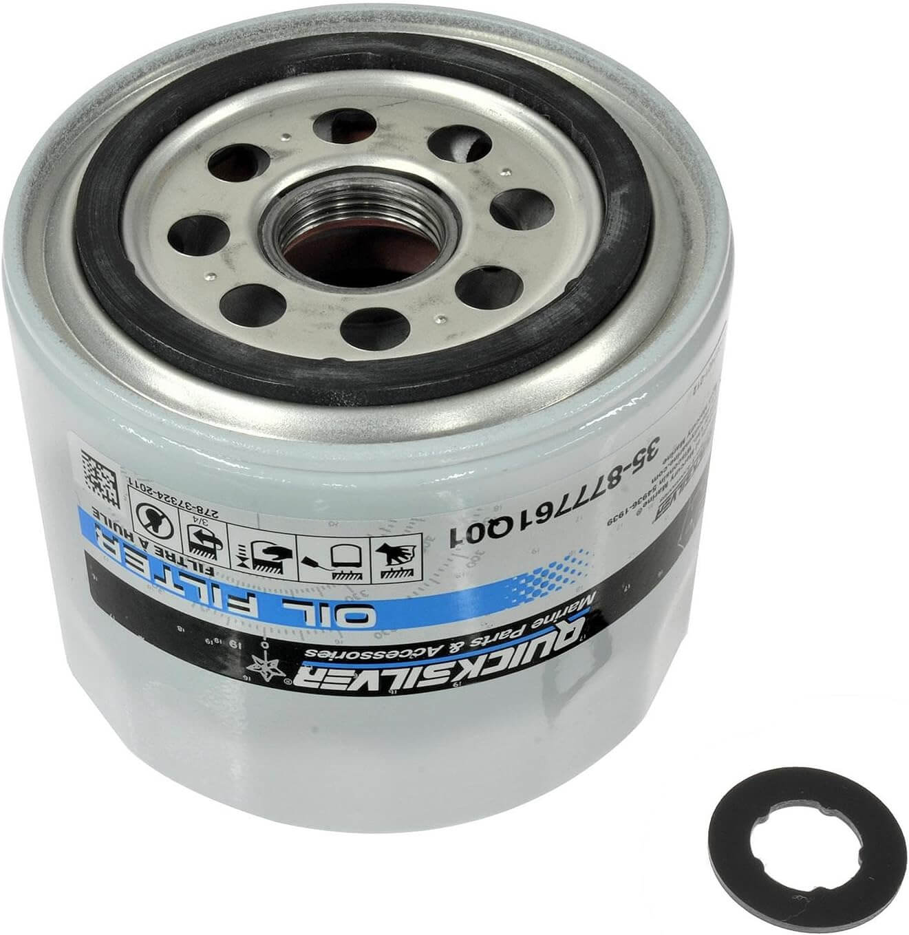 Oil filter with a black washer on a white background