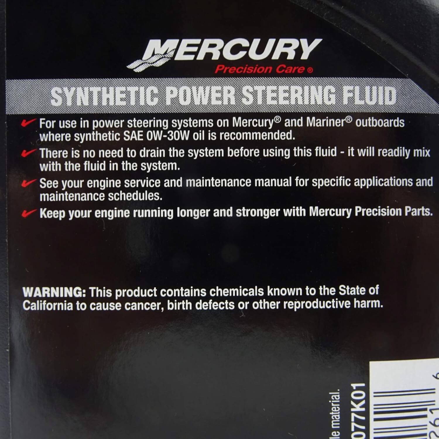 Mercury synthetic power steering fluid packaging with text and branding.