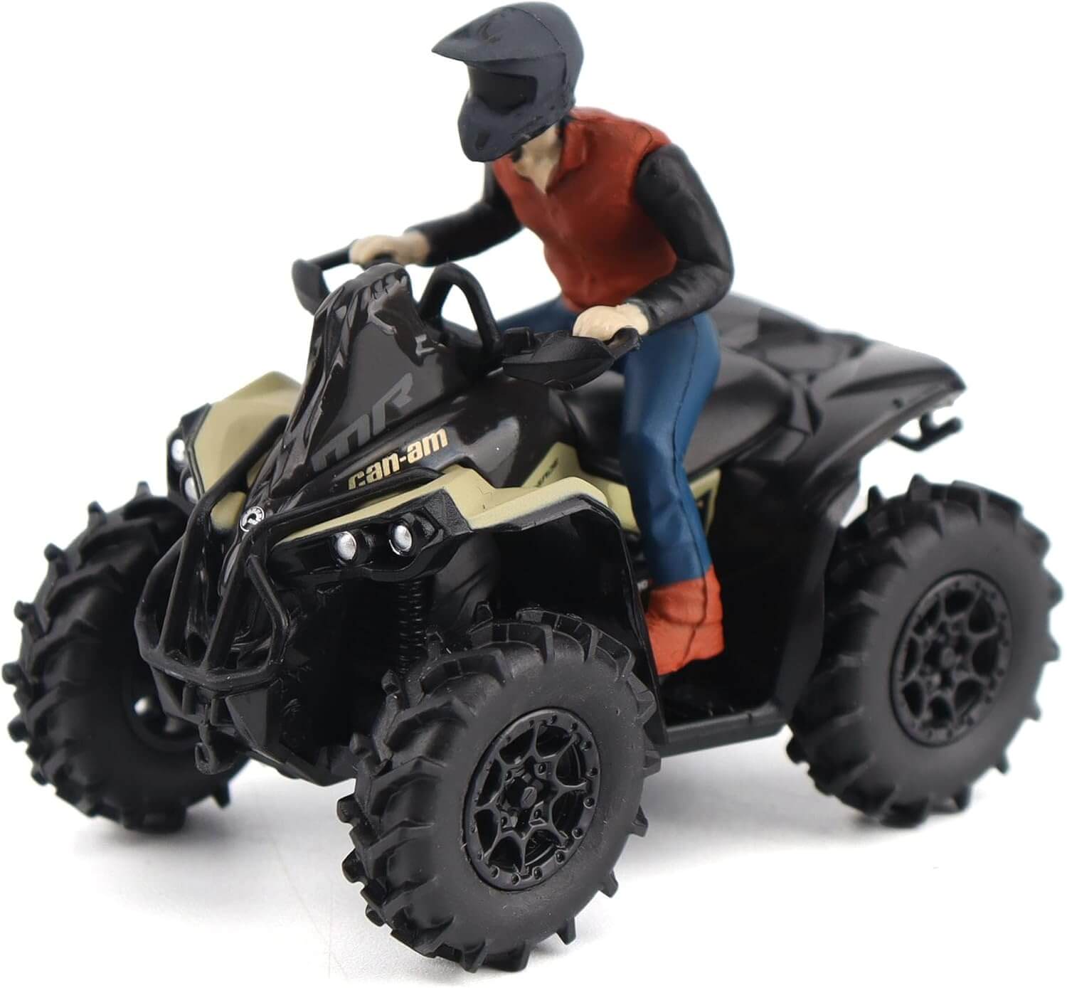 Model of a Can-Am ATV with a person figure on a white background