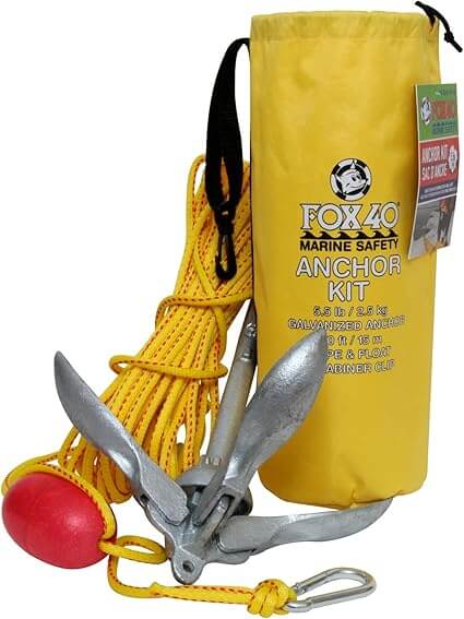 FOX 40 marine safety anchor kit with yellow bag, rope, and red buoy on a white background