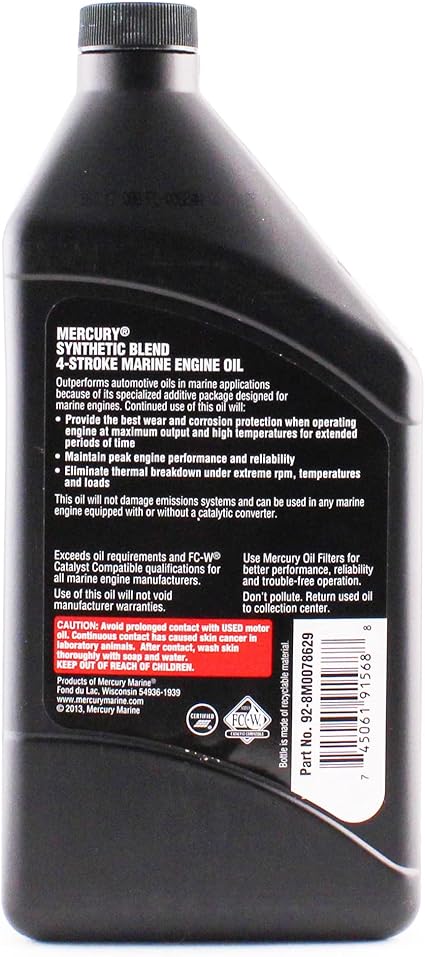Mercury synthetic 4 stroke marine engine oil bottle, rear view on white background