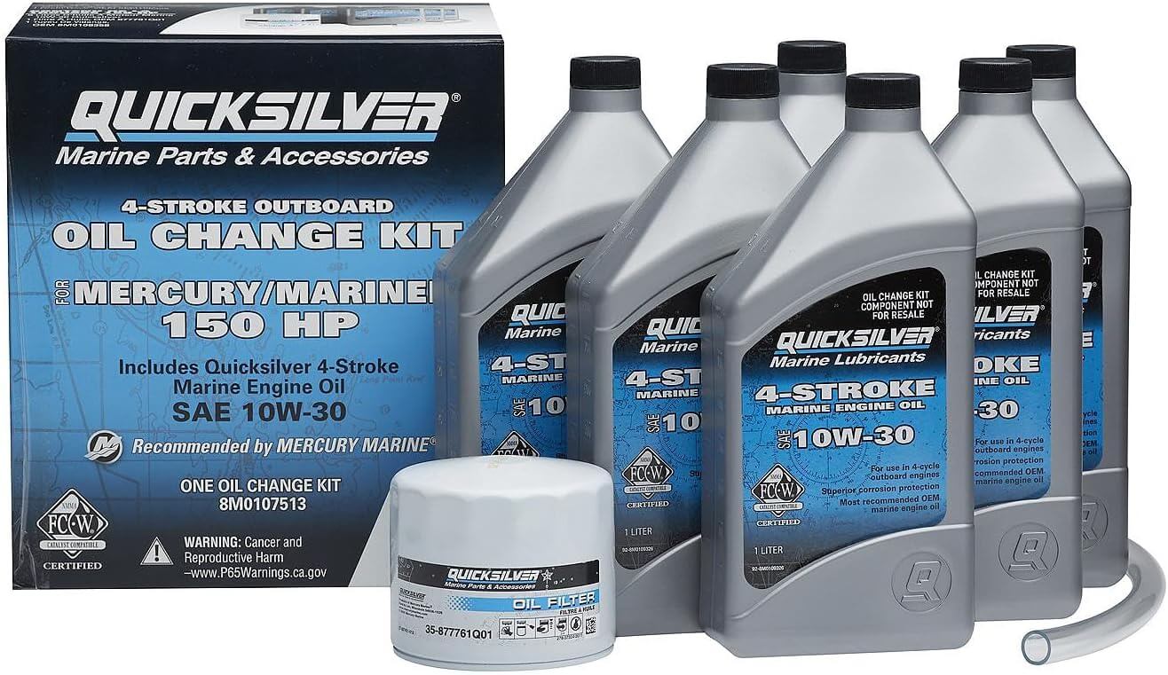 Quicksilver oil change kit for 4-Stroke 150hp Mercury and Mariner outboards, including five 1L bottles of oil, an oil filter, and a drain plug seal with a drip tray.