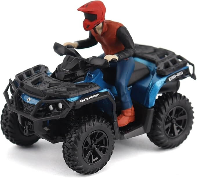 Model of a person riding a blue Can-Am Outlander ATV on a white background